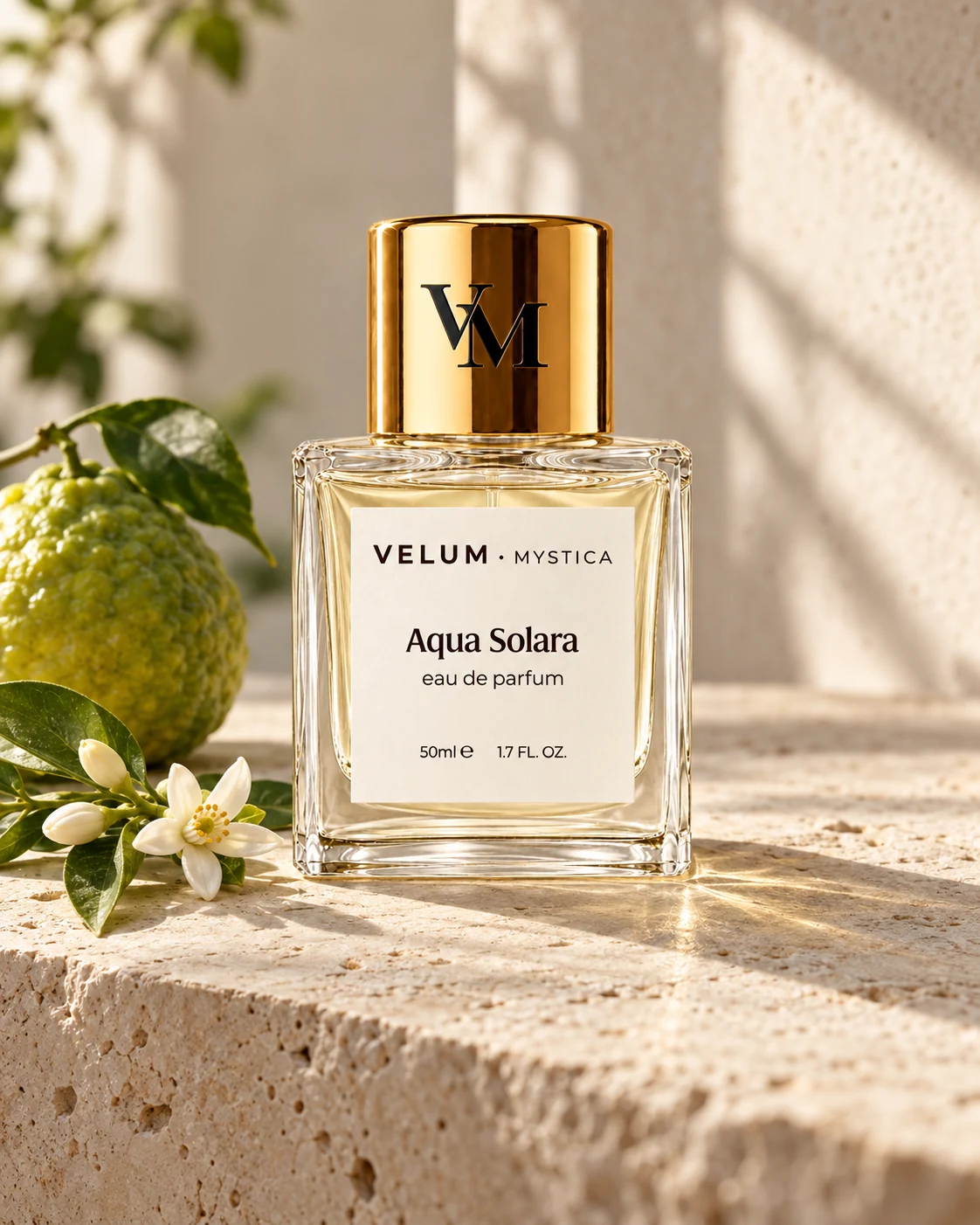 Aqua Solara perfume with bergamot and neroli in warm sunlight