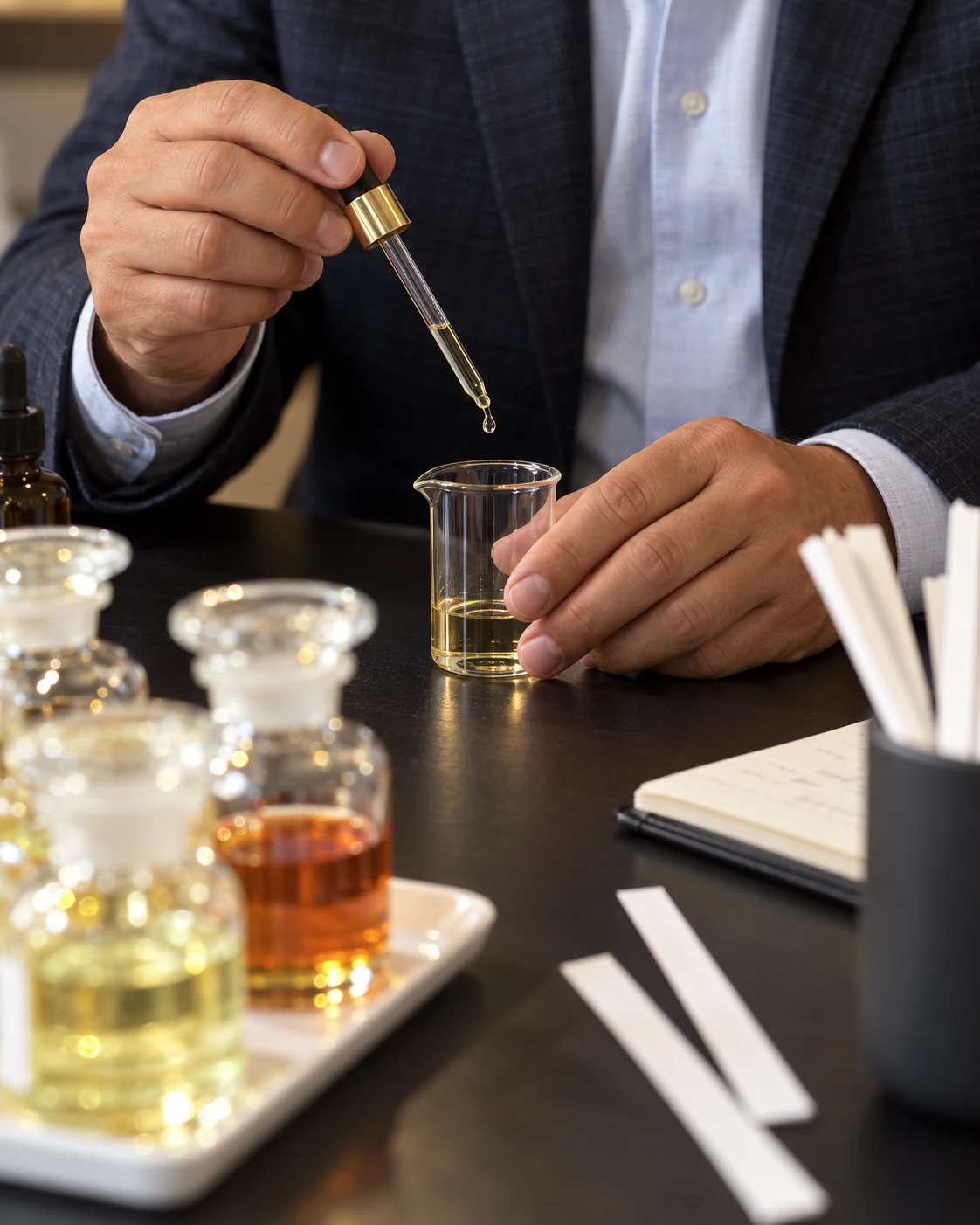 A close view of the perfumer's hands blending with a glass pipette