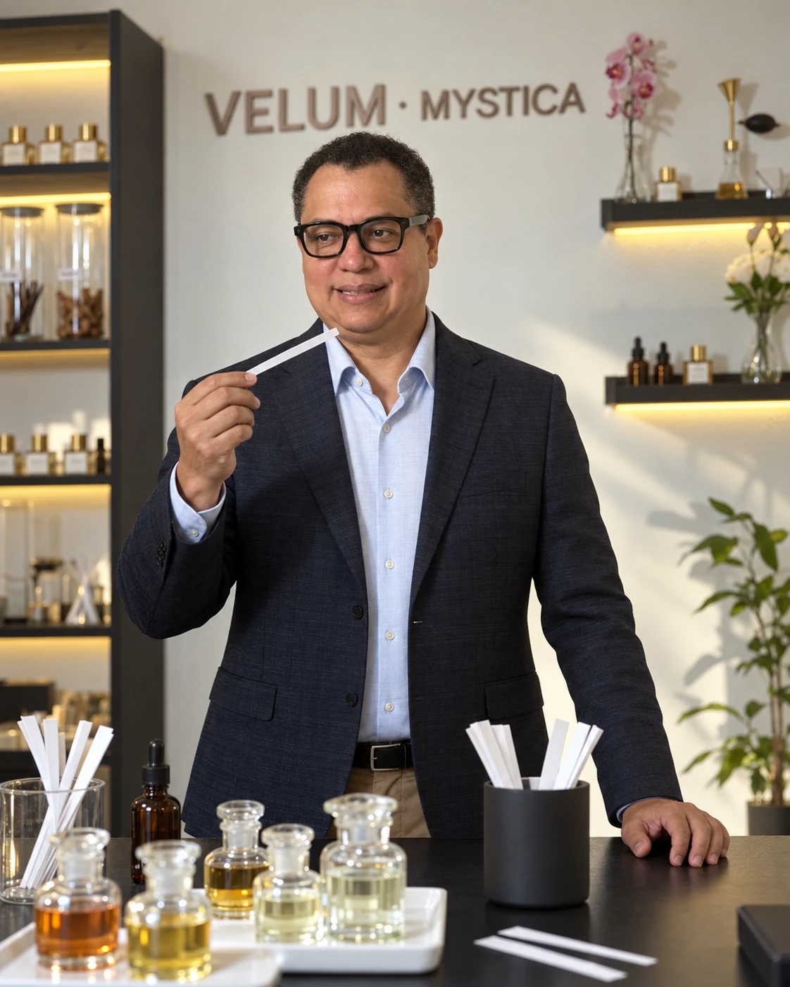 Anddy Cabrera at his perfume workbench