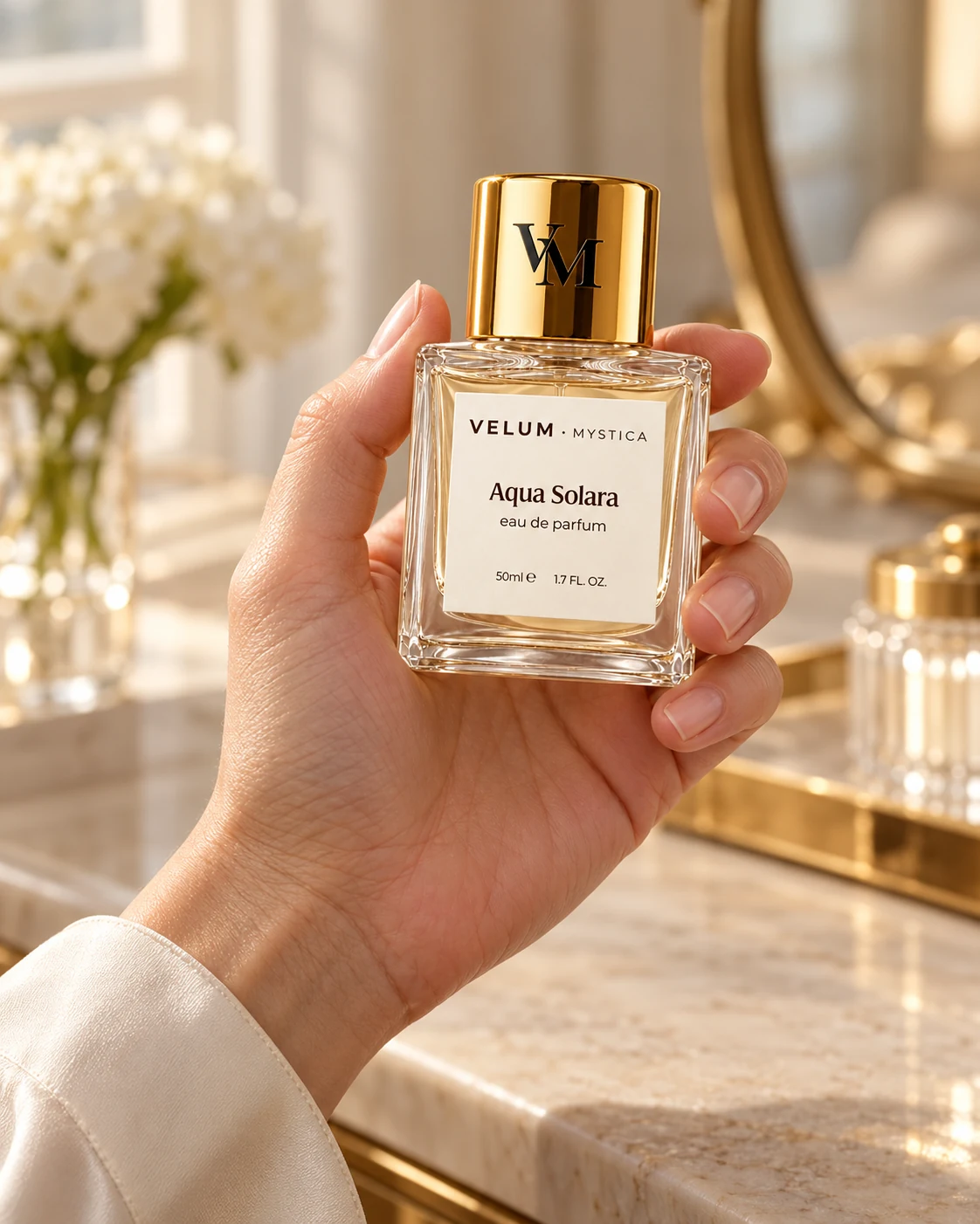 Aqua Solara held in a hand beside a dressing table