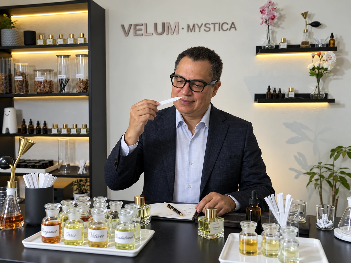 The Velum Mystica perfume studio, with fragrance materials, bottles, and blending tools on the workbench