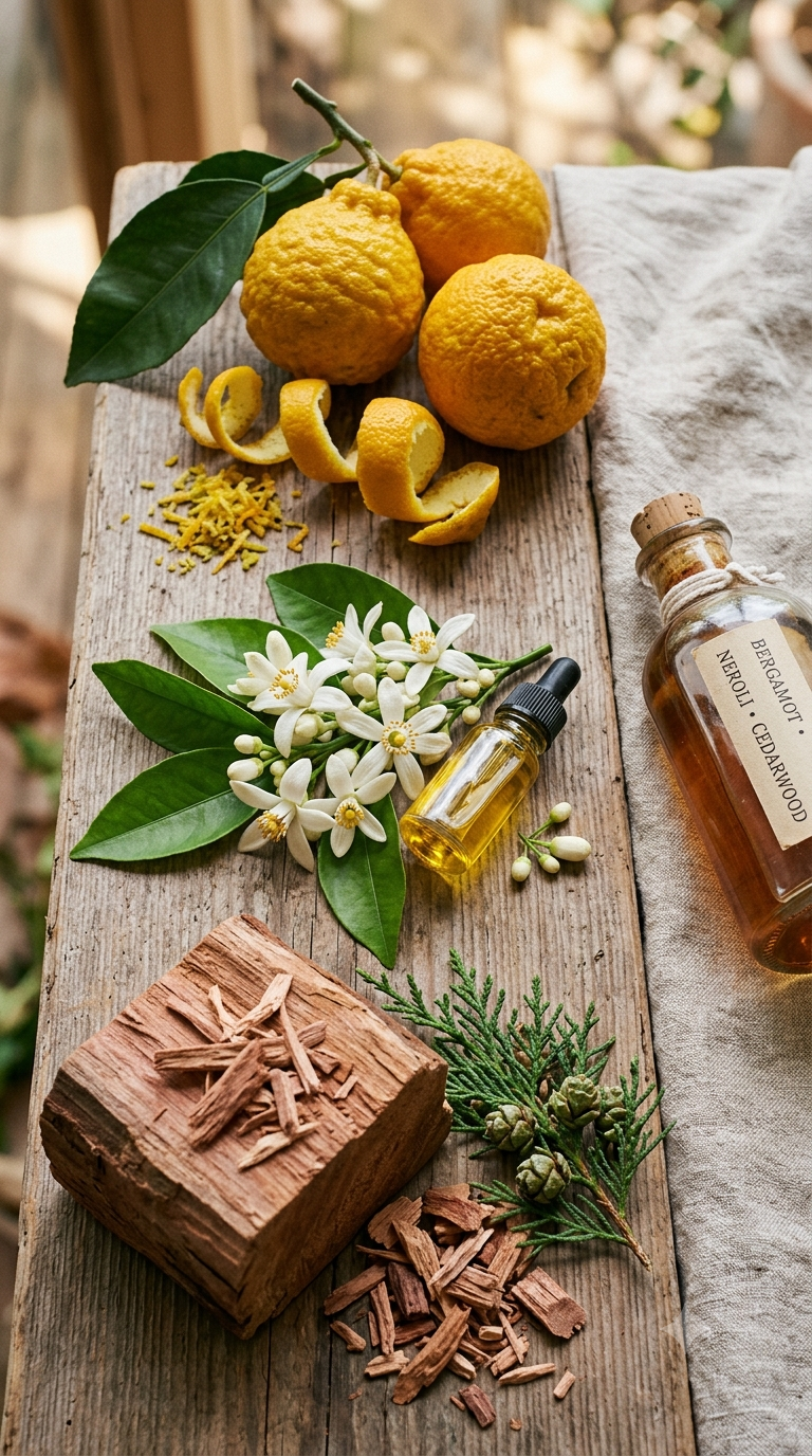 Raw perfume ingredients — citrus, neroli blossom, and cedarwood on a workbench