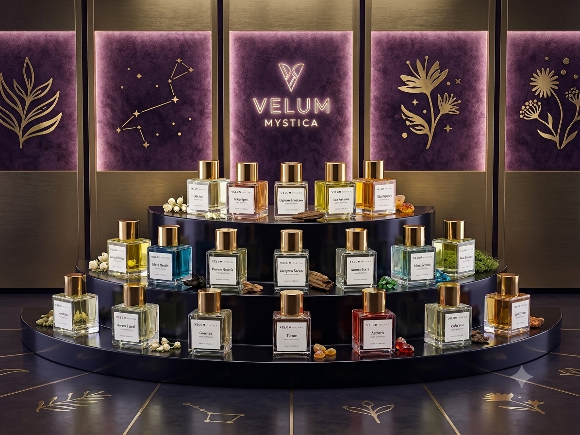 The Velum Mystica collection — sixteen fragrances displayed on a tiered stand