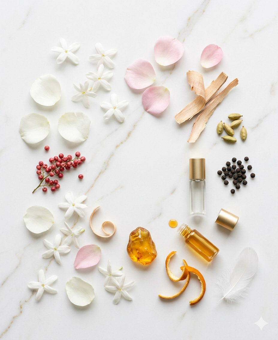 Perfume craftsmanship — ingredients on a marble surface